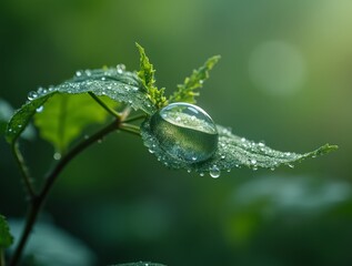 A fresh green leaf with sparkling water droplets