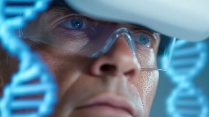 A scientist wearing VR headset interacting with holographic DNA strands in a futuristic laboratory