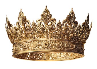 Magnificent golden crown with intricate ornate detailing displayed prominently isolated on white