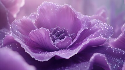 Closeup Dew Drops Purple Flower Petals Macro Photography