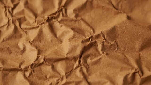 Crinkled Brown Paper Texture - Close-up shot of a crumpled brown paper surface, showing deep creases and folds. The texture is rough and uneven, with variations in light and shadow.