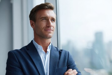 A confident business leader standing in front of a large window overlooking a metropolitan cityscape