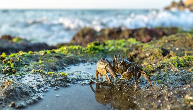 cangrejo violinista sobre unas rocas húmedas en la orilla del mar. El cangrejo está en primer plano, mostrando su característica gran pinza levantada, con textura detallada en su caparazón. 