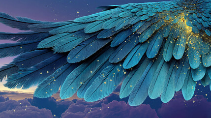 Fototapeta premium Qin-Han-Three Kingdoms・Zhuangzi・Xiao Yao You・Giant Roc | Realistic Feathers with Droplets, Iridescent Ice Airflow, Rotating Golden Symbol, Gradient Deep Sky with Nebulas