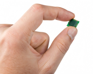 green microchip in man hand isolated on white background, png, ai generated.