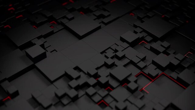Abstract black cubes moving with red glowing lines