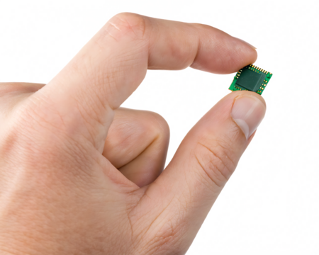 green microchip in man hand isolated on white background, png, ai generated.