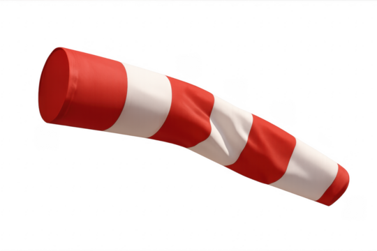 Red and white windsock inflated by wind on transparent background