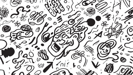 Abstract black and white seamless pattern with chaotic lines doodles and shapes for modern design background or creative textile print wallpaper