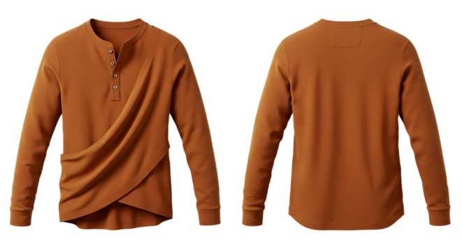 Men's Orange Long Sleeve Henley Shirt with Asymmetric Draping, Front and Back View on Transparent Background