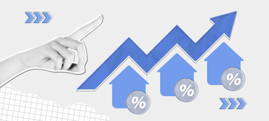 Halftone vector collage with rising market chart, real estate growth concept, increasing interest rates, upward arrows and house icons symbolizing property investment trends