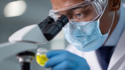 A scientist analyzing environmental samples in a clean laboratory with advanced instruments
