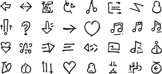 Hand Drawn Doodle Symbols and Icons Collection with Arrows Hearts and Music Notes Isolated on White Background for Creative Design Projects