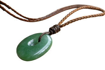 Green stone pendant with a brown cord AI generated by PNG