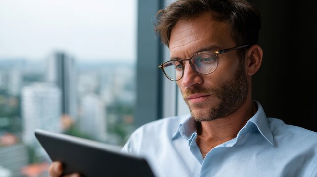 A businessman using a tablet to check stock market trends while sitting in a high-rise office