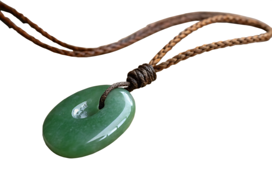 Green stone pendant with a brown cord AI generated by PNG