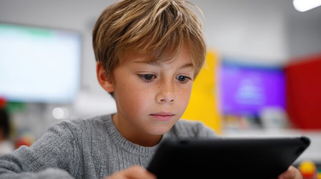 A child learning to code on a tablet in a modern classroom filled with digital screens and colorful decor
