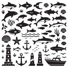 Naklejka premium Collection of nautical and marine life silhouettes including sharks dolphins fish anchors lighthouses seashells and a boat