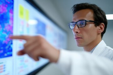 A scientist analyzing renewable energy data using advanced digital displays in a modern research facility