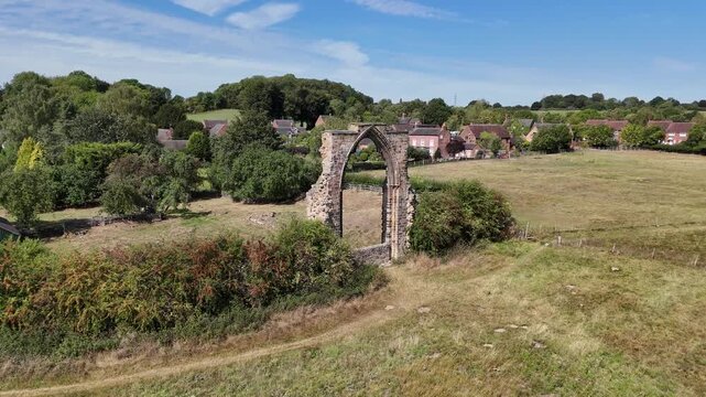 Dale Abbey, Derbyshire, England - August 25 2025: Drone footage captures the scenic ruins of Dale Abbey amidst the tranquil English countryside.