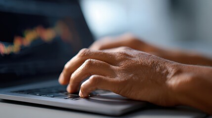 A close-up of hands typing rapidly on a laptop keyboard with financial graphs displayed on screen
