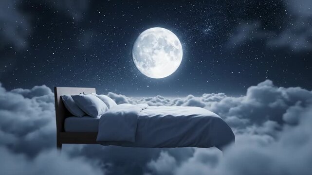 Dreamy Bed on Clouds under Full Moon - A serene and surreal video of a bed floating on clouds under a large full moon and starry night sky. The scene evokes feelings of peace and tranquility.