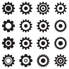 Collection of sixteen black and white stylized gear icons representing mechanics industry and engineering concepts