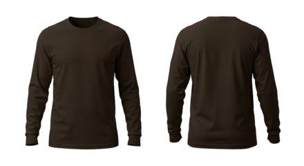 Blank Brown Long-Sleeve T-Shirt Mockup, Front and Back View, Casual Apparel Template, Transparent Background