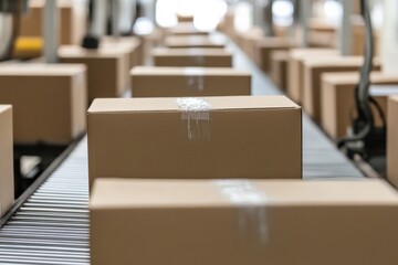 Conveyor belt filled with cardboard boxes in a busy warehouse during daylight hours