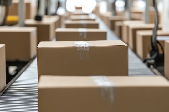 Conveyor belt filled with cardboard boxes in a busy warehouse during daylight hours
