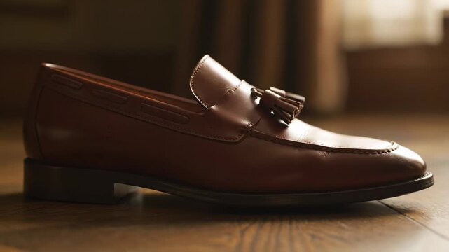 Elegant Brown Leather Tassel Loafers - A close-up shot of a single elegant brown leather tassel loafer for men rests on a hardwood floor.