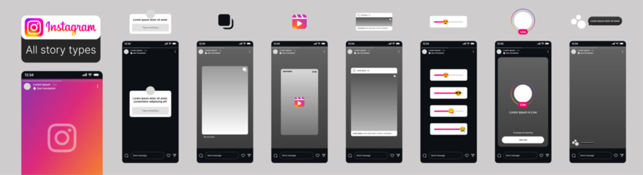 Instagram story mockup in all formats. Instagram story mockup template with question box, story reels, story post, story live, and Instagram story formats. Social media network story mockup