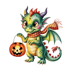 Fototapeta premium High-quality Halloween sublimation clipart of a cute baby dragon with wings and scarf, holding a pumpkin jack-o’-lantern bucket. Perfect for t-shirt designs, mugs, tote bags, cards, stickers