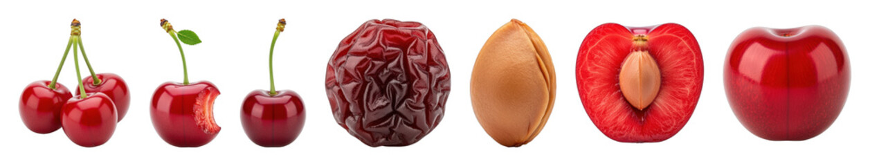 Red cherry set including whole, cluster, bitten, with leaf, dried, halved, and pit forms isolated. Healthy fruit ingredient collection.