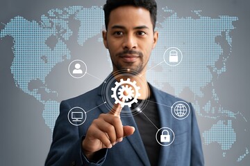Man touching digital network with global map and icons Keywords: technology, network, global