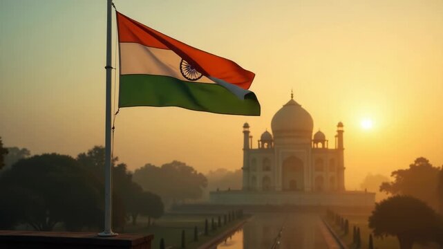 A iconic Indian flag waving in front of the stunning Taj Mahal monument, perfect for use in cultural or patriotic contexts