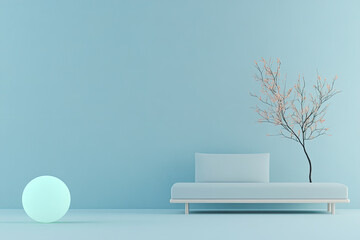 Minimalist 3D Lounge Interior with Teal Hovering Orb