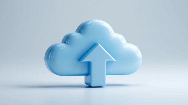 Clean, minimal 3D icon of a cloud with an upward arrow symbolizing cloud computing and data upload. Smooth plastic texture, soft lighting, modern and friendly tech aesthetic.
