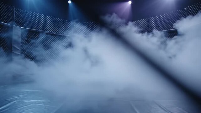 Empty MMA Octagon with Fog and Dramatic Lighting - An empty MMA octagon cage is shrouded in thick fog, dramatically lit with blue and purple spotlights.
