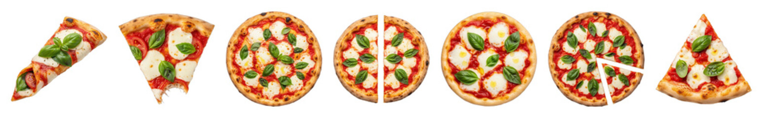 Margherita pizza set including whole, halved, sliced, single slice, bitten, and folded variations isolated. Italian food collection.