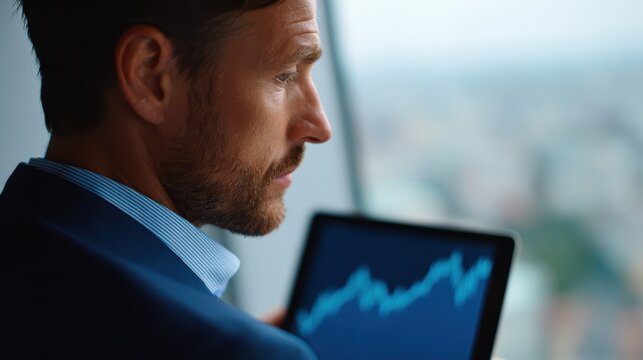 A businessman using a tablet to check stock market trends while sitting in a high-rise office