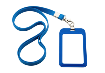 Blue lanyard with clear badge holder, woven strap, metal clasp, and transparent ID window.