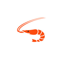 A stylized orange shrimp illustration with curved body and long antennae, isolated on white.
