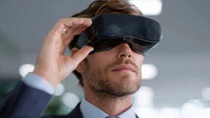 A businessman using virtual reality glasses to explore 3D business models in a futuristic office
