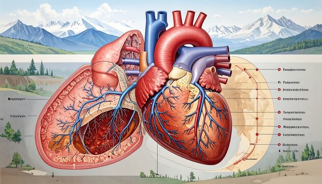 Detailed anatomical illustration of a human heart, highlighting its chambers and blood vessels, set against a backdrop of a serene mountain landscape.