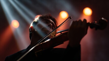 Fototapeta premium A professional violinist performing passionately on a grand stage illuminated by dramatic spotlights