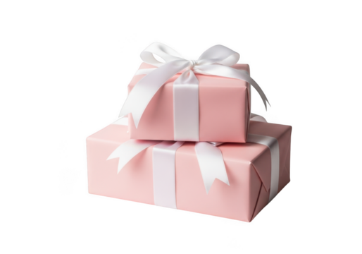 Two elegant pink gift boxes stacked with white satin ribbons and bows isolated on transparent background