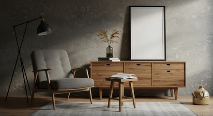 Cozy Mid-Century Modern Living Room with Armchair and Wooden Cabinet