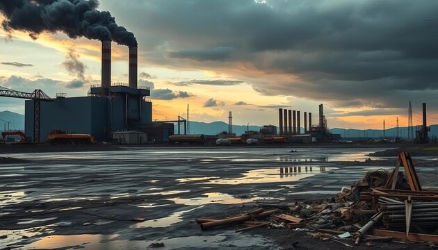 Rusting factory belches black smoke over toxic sludge and debris-strewn wasteland, gloom, landscape