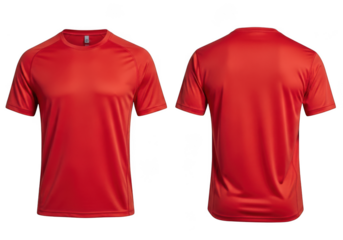 Front and back view of a bright red short sleeved athletic t shirt isolated on transparent background